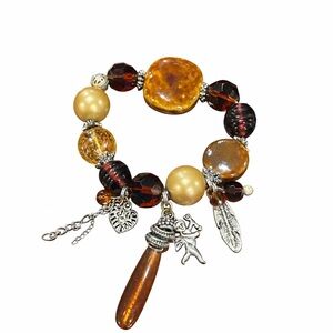 Amber Tone Charm Bracelet | Beaded Stretch Bracelet with Silver Charms